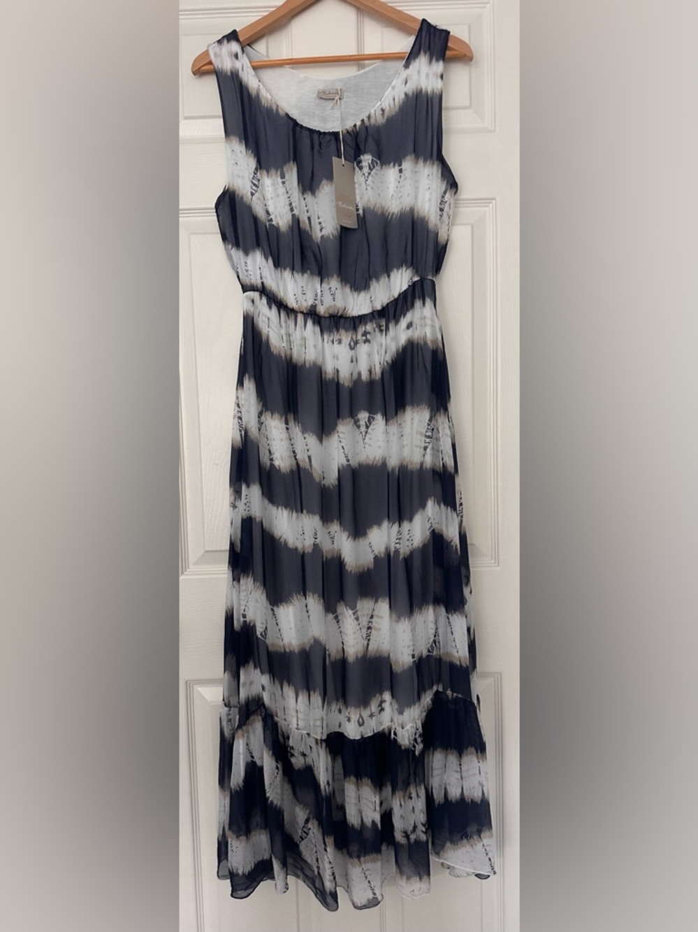 Bellambra Silk Blend Tie-Dye Navy Blue And White Made In Italy Maxi Dress Size M